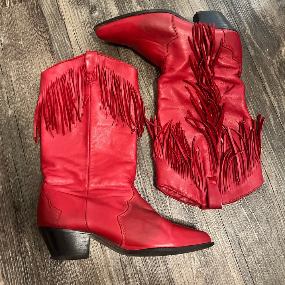 Vintage genuine red leather cowboy boots with fringe